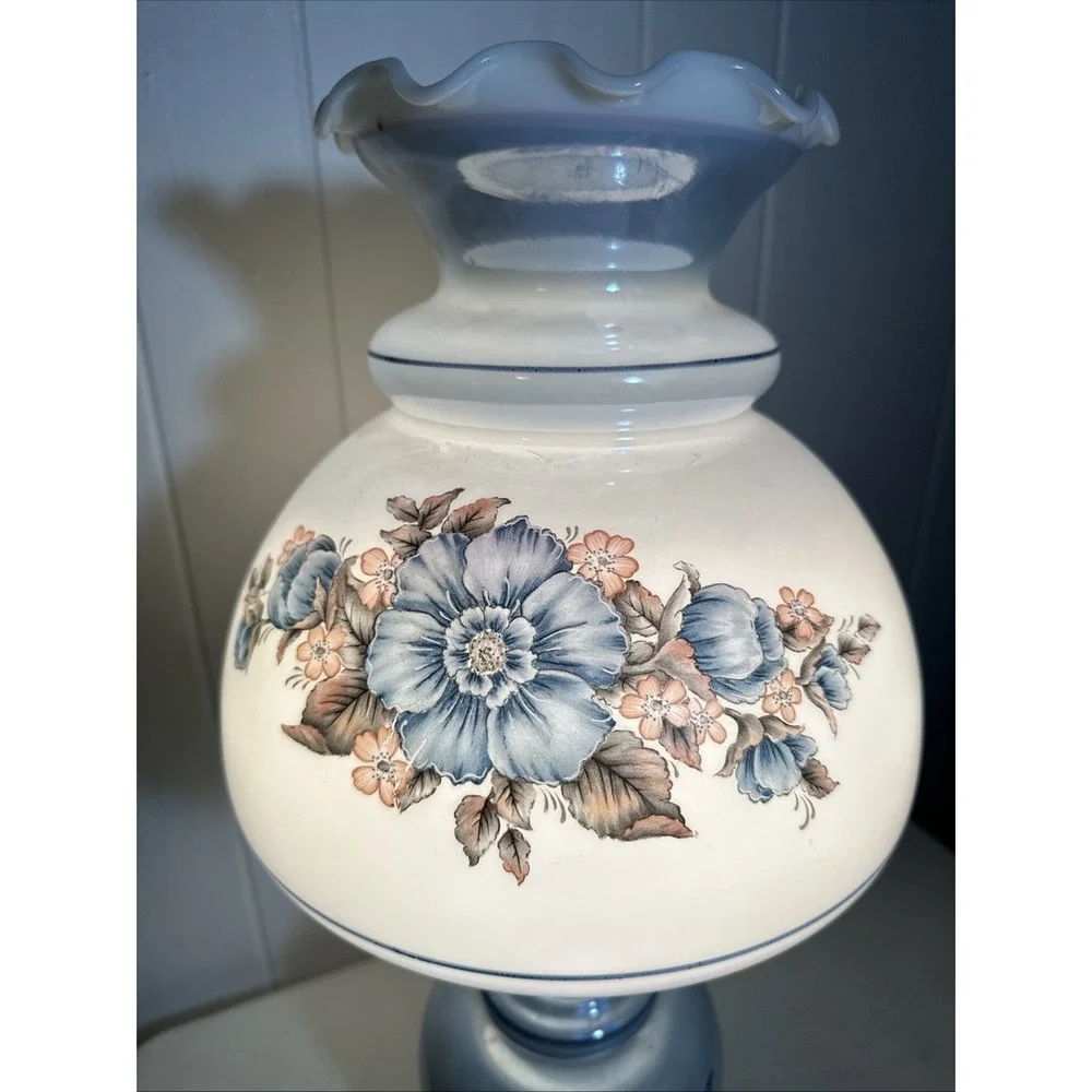 Vintage Gone With the Wind Lamp Blue Pink Floral Milk Glass Hurricane Victorian